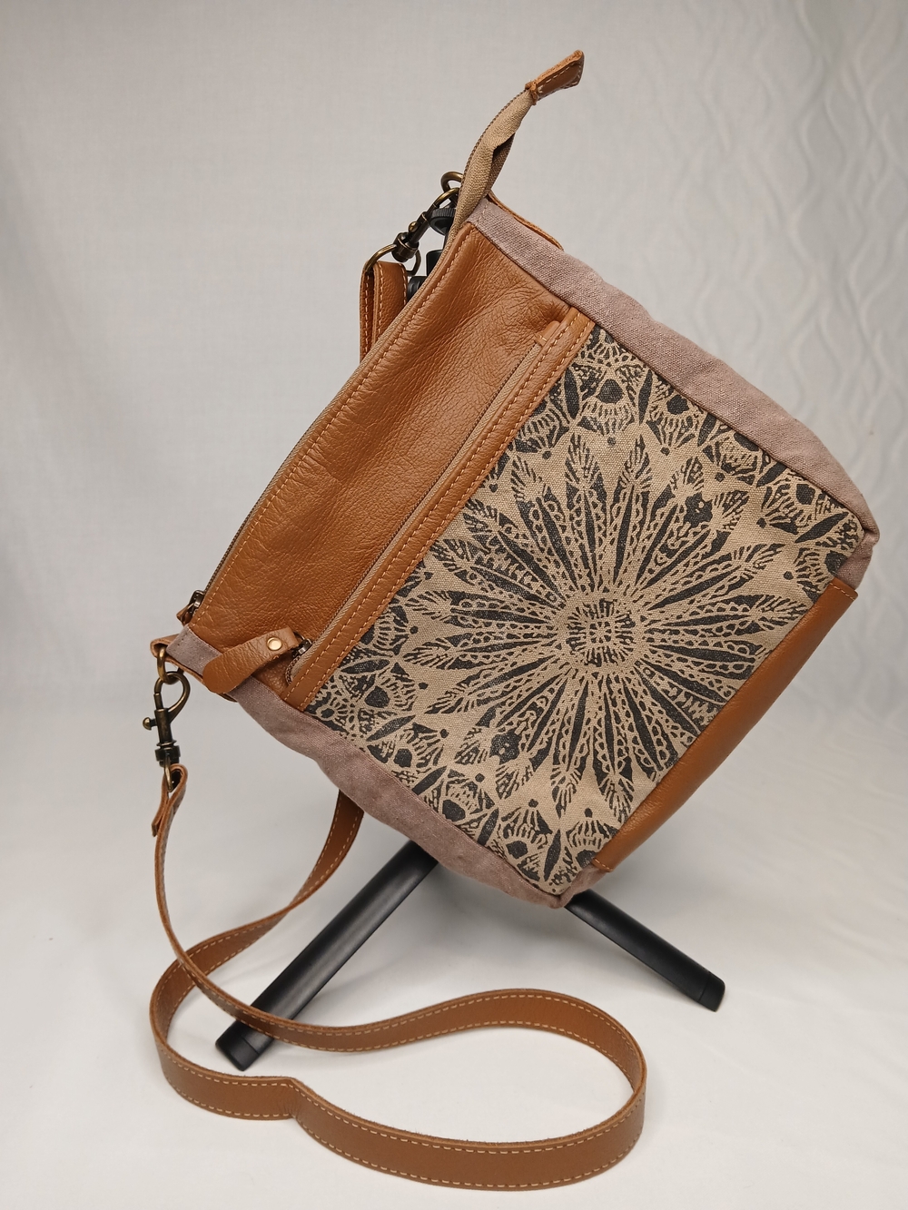 Myra Bag Canvas & Leather Crossbody Bag with Floral Mandala Print